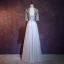 Charming Grey Evening Dresses  2018 A-Line / Princess High Neck 1/2 Sleeves Appliques Flower Embroidered Floor-Length / Long Ruffle Backless Formal Dresses