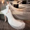 High Low Summer White Beach Wedding Dresses 2018 A-Line / Princess Off-The-Shoulder Short Sleeve Backless Appliques Lace Sequins Beading Ruffle Asymmetrical