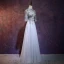 Charming Grey Evening Dresses  2018 A-Line / Princess High Neck 1/2 Sleeves Appliques Flower Embroidered Floor-Length / Long Ruffle Backless Formal Dresses