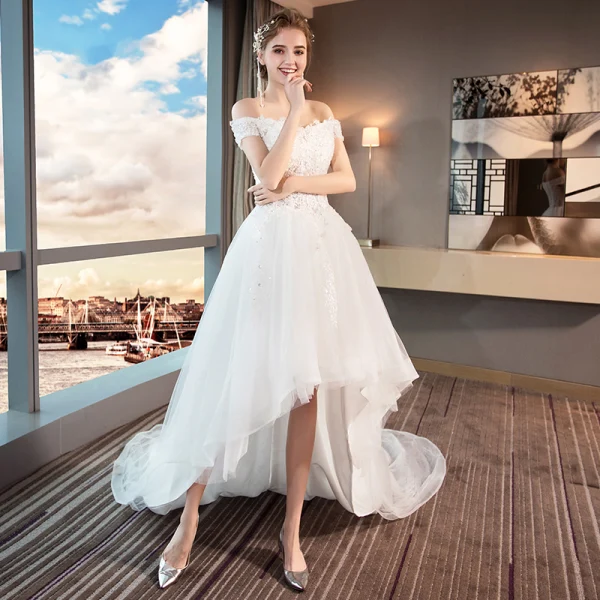 High Low Summer White Beach Wedding Dresses 2018 A-Line / Princess  Off-The-Shoulder Short Sleeve