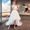 High Low Summer White Beach Wedding Dresses 2018 A-Line / Princess Off-The-Shoulder Short Sleeve Backless Appliques Lace Sequins Beading Ruffle Asymmetrical