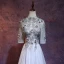 Charming Grey Evening Dresses  2018 A-Line / Princess High Neck 1/2 Sleeves Appliques Flower Embroidered Floor-Length / Long Ruffle Backless Formal Dresses