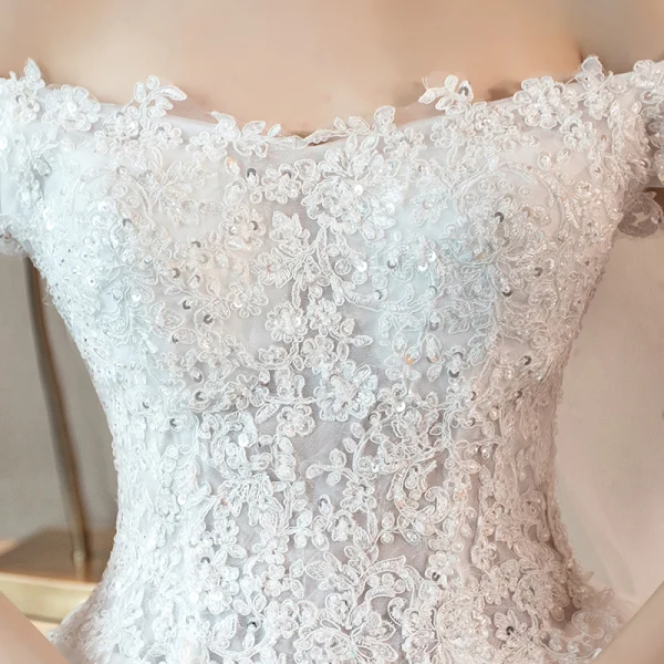 High Low Summer White Beach Wedding Dresses 2018 A-Line / Princess Off-The-Shoulder Short Sleeve Backless Appliques Lace Sequins Beading Ruffle Asymmetrical