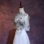 Charming Grey Evening Dresses  2018 A-Line / Princess High Neck 1/2 Sleeves Appliques Flower Embroidered Floor-Length / Long Ruffle Backless Formal Dresses
