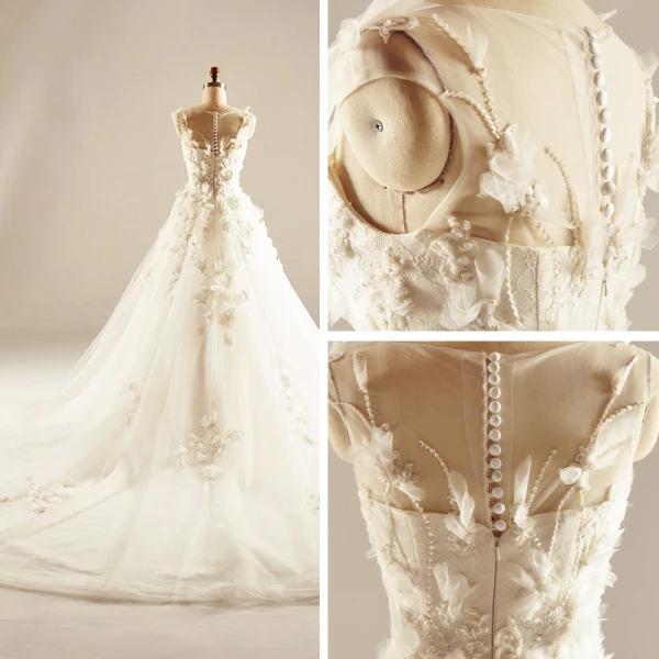 Chic / Beautiful Hall Wedding Dresses 2017 Sequins Beading Pearl Lace Appliques Flower Backless Sleeveless Scoop Neck Cathedral Train White Ball Gown US 14 / UK 18 US 16 / UK 20
