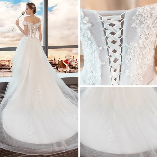 High Low Summer White Beach Wedding Dresses 2018 A-Line / Princess Off-The-Shoulder Short Sleeve Backless Appliques Lace Sequins Beading Ruffle Asymmetrical