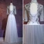 Charming Grey Evening Dresses  2018 A-Line / Princess High Neck 1/2 Sleeves Appliques Flower Embroidered Floor-Length / Long Ruffle Backless Formal Dresses