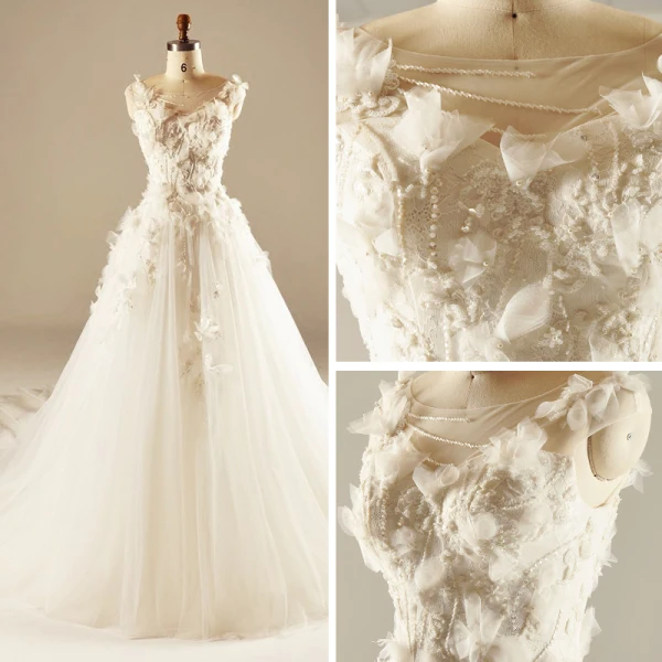 Chic / Beautiful Hall Wedding Dresses 2017 Sequins Beading Pearl Lace Appliques Flower Backless Sleeveless Scoop Neck Cathedral Train White Ball Gown US 14 / UK 18 US 16 / UK 20