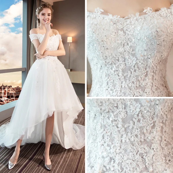 High Low Summer White Beach Wedding Dresses 2018 A-Line / Princess Off-The-Shoulder Short Sleeve Backless Appliques Lace Sequins Beading Ruffle Asymmetrical