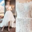 High Low Summer White Beach Wedding Dresses 2018 A-Line / Princess Off-The-Shoulder Short Sleeve Backless Appliques Lace Sequins Beading Ruffle Asymmetrical