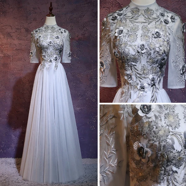 Charming Grey Evening Dresses 2018 A-Line / Princess High Neck 1/2 Sleeves Appliques Flower Embroidered Floor-Length / Long Ruffle Backless Formal Dresses