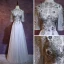 Charming Grey Evening Dresses  2018 A-Line / Princess High Neck 1/2 Sleeves Appliques Flower Embroidered Floor-Length / Long Ruffle Backless Formal Dresses