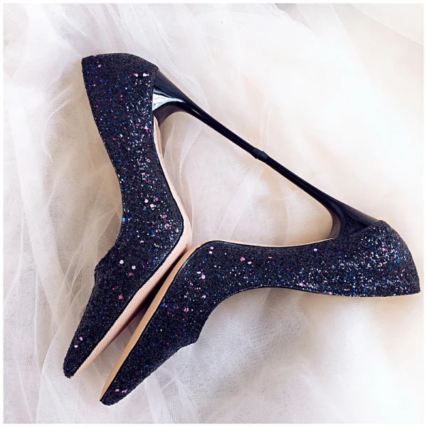 Glitzernden Sternenklarer Himmel Schwarz Brautschuhe 2019 Leder Pailletten 10 cm Stilettos Spitzschuh Hochzeit Pumps