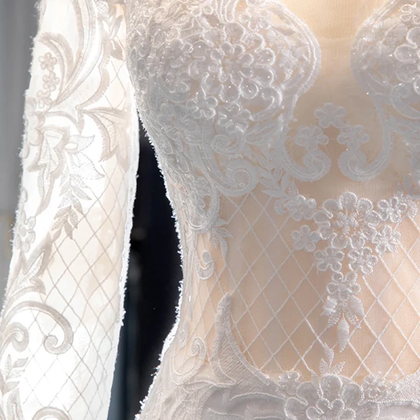 Luxury / Gorgeous Ivory Wedding Dresses 2019 Trumpet / Mermaid Scoop Neck Beading Sequins Lace Flower Long Sleeve Backless Detachable Chapel Train