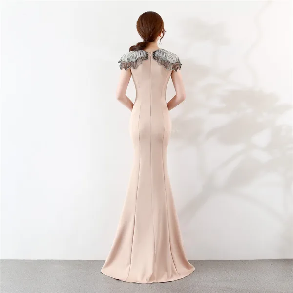 Élégant Champagne Robe De Soirée 2019 Trompette / Sirène Encolure Dégagée Perlage Perle Faux Diamant Sans Manches Longue Robe De Ceremonie