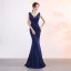 Chic / Belle Bleu Marine Robe De Soirée 2019 Trompette / Sirène V-Cou Perlage Cristal Sans Manches Dos Nu Longue Robe De Ceremonie
