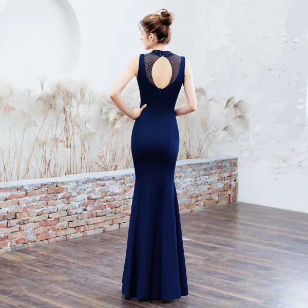 Chic / Beautiful Dark Green Evening Dresses 2019 Trumpet / Mermaid High Neck Beading Sleeveless Backless Floor-Length / Long Formal Dresses
