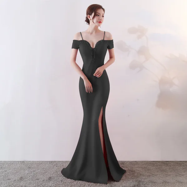 Chic / Belle Couleur Unie Ivoire Robe De Soirée 2019 Trompette / Sirène Bretelles Spaghetti Perlage Gland Sans Manches Dos Nu Fendue devant Longue Robe De Ceremonie