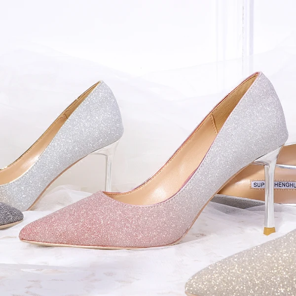 Glitzernden Rosa Brautschuhe 2018 Glanz 8 cm Stilettos Spitzschuh Hochzeit Pumps
