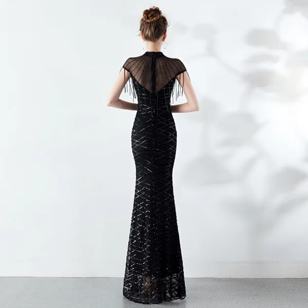 Classy Burgundy Evening Dresses 2019 Trumpet / Mermaid Scoop Neck Beading Tassel Sequins Short Sleeve Floor-Length / Long Formal Dresses