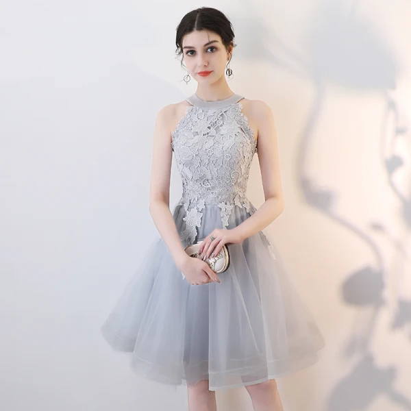 Chic / Beautiful Champagne Homecoming Graduation Dresses 2018 Ball Gown Appliques Lace Scoop Neck Strapless Sleeveless Short Formal Dresses
