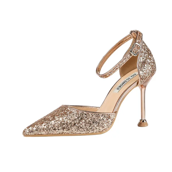 Charming Rose Gold Evening Party Womens Shoes 2020 Ankle Strap Sequins 9 cm Stiletto Heels Pointed Toe High Heels