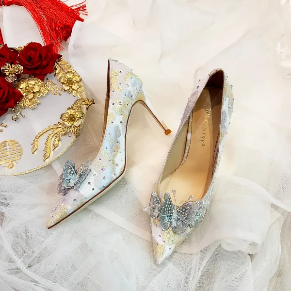 Charming Silver Lace Butterfly Wedding Shoes 2021 Leather Rhinestone 9 cm Stiletto Heels Pointed Toe Wedding Pumps High Heels