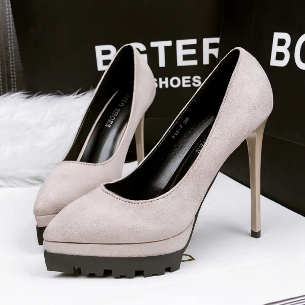 Stilig Kaki Kontors Pumps 2019 Mocka 12 cm Stilettklackar Spetsiga Pumps