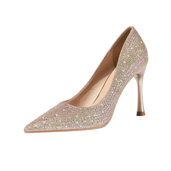Charmant Champagne Soirée Escarpins 2020 Faux Diamant Paillettes 9 cm Talons Aiguilles À Bout Pointu Escarpins