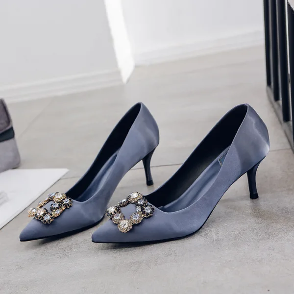 Fashion Ocean Blue Evening Party Pumps 2020 Satin Rhinestone 9 cm Stiletto Heels Pointed Toe Pumps