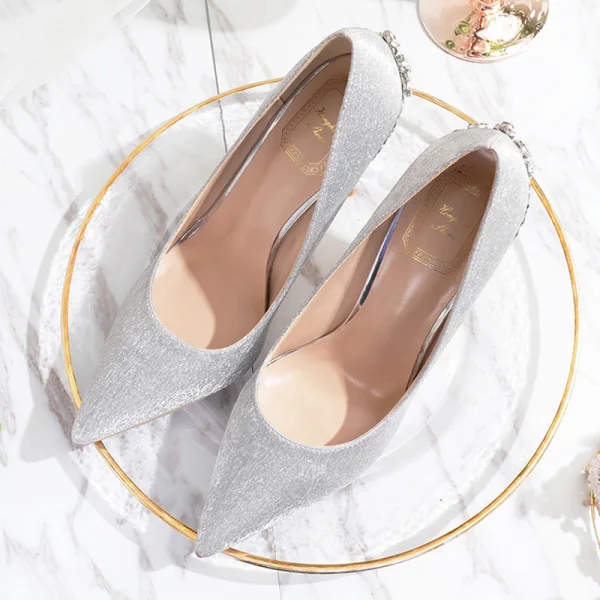 Charming Silver Glitter Wedding Shoes 2020 Rhinestone 10 cm Stiletto Heels Pointed Toe Wedding Pumps