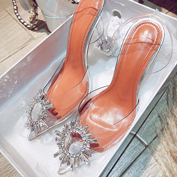 Transparent Sexy Silver Evening Party Rhinestone Womens Sandals 2021 Leather 10 cm Stiletto Heels Pointed Toe Sandals High Heels