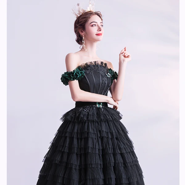 Classy Black Cascading Ruffles Prom Dresses 2020 Ball Gown Ruffle Off-The-Shoulder Rhinestone Lace Flower Sleeveless Backless Floor-Length / Long Formal Dresses