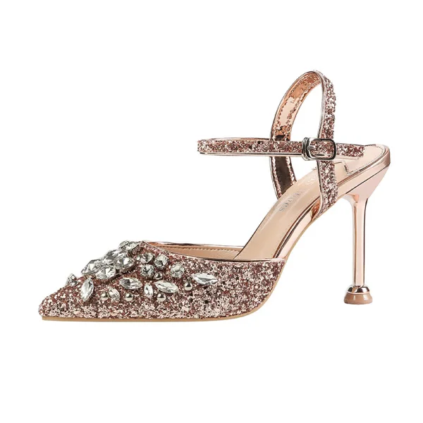 Glittrande Silver Afton Högklackade 2020 Rhinestone Paljetter Ankelband 9 cm Stilettklackar Spetsiga Damskor