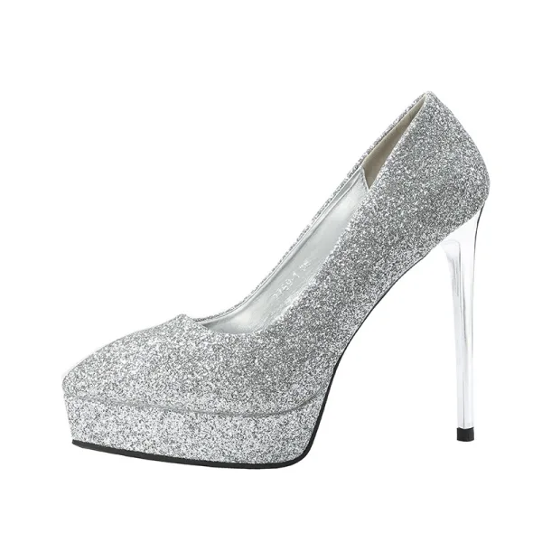 Affordable Silver Evening Party Pumps 2020 Sequins 12 cm Stiletto Heels Pointed Toe Pumps