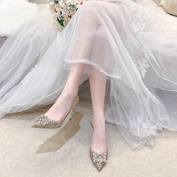 Scintillantes Champagne Soirée Perle Faux Diamant Escarpins 2021 Cuir Paillettes 8 cm Talons Aiguilles À Bout Pointu Escarpins Talons Hauts