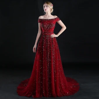 Scintillantes Princesse Bordeaux 2017 Robe De Soirée Manches Courtes De L Épaule Dos Nu Perlage Paillettes Volants Robe De Ceremonie Train De Balayage