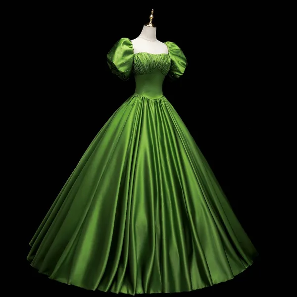 Vintage / Retro Ball Gown Green Satin Prom Dresses 2021 Square Neckline Short Sleeve Backless Floor-Length / Long Formal Dresses