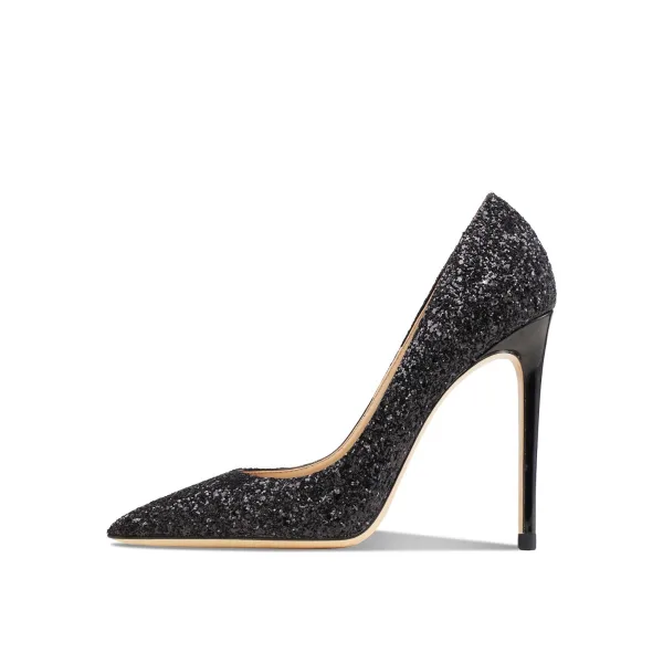 Charmant Noire Soirée Paillettes Escarpins 2021 Cuir 10 cm Talons Aiguilles À Bout Pointu Escarpins Talons Hauts
