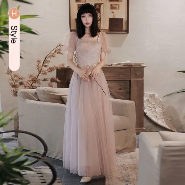 Chic / Beautiful Grey Pearl Lace Flower Bridesmaid Dresses 2021 A-Line / Princess Short Sleeve Backless Floor-Length / Long Bridesmaid Wedding Party Dresses