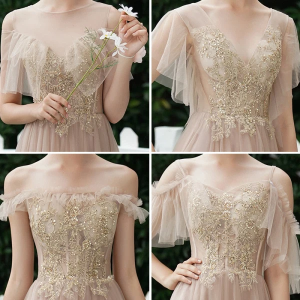 Charming Khaki Beading Sequins Backless Lace Flower Bridesmaid Dresses 2021 A-Line / Princess Short Sleeve Floor-Length / Long Bridesmaid Wedding Party Dresses