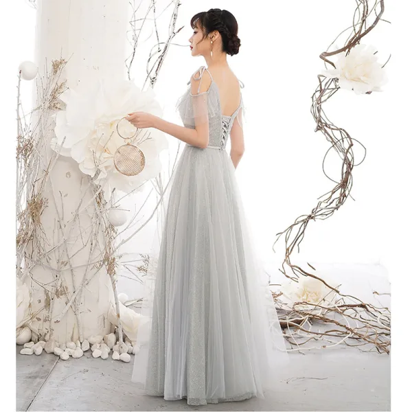 Chic / Beautiful Silver Grey Sequins Bridesmaid Dresses 2021 A-Line / Princess Short Sleeve Backless Sash Floor-Length / Long Wedding Party Dresses