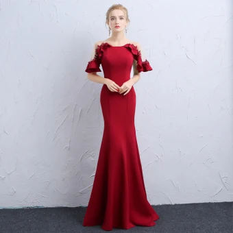 Elegant Burgundy See Through Evening Dresses 2018 Trumpet Mermaid Scoop Neck Short Sleeve Appliques Lace Pearl Floor Length Long Ruffle Formal Dresses