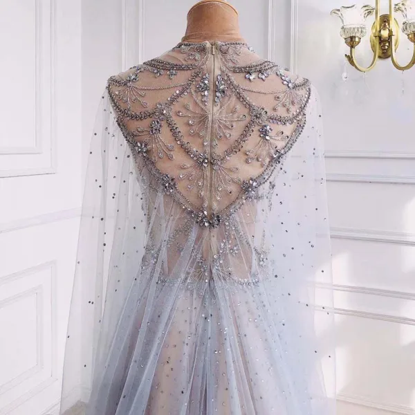 Luxury / Gorgeous High-end Grey Beading Sequins Rhinestone Evening Dresses 2021 A-Line / Princess Scoop Neck Short Sleeve Evening Party Sweep Train Formal Dresses