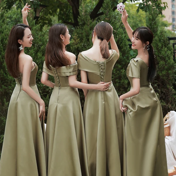 Modest / Simple Olive Green Satin Bridesmaid Dresses 2021 A-Line / Princess Short Sleeve Backless Floor-Length / Long Wedding Party Dresses
