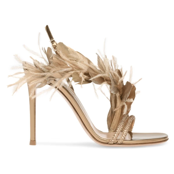 Sexy Champagne Prom Cocktail Party Womens Sandals 2022 Leather Feather Rhinestone 9 cm Stiletto Heels Open / Peep Toe Womens Sandals High Heels