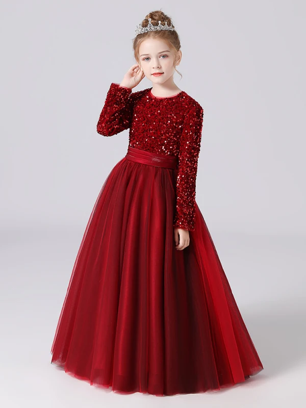 Chic / Beautiful Burgundy Sequins Birthday Flower Girl Dresses 2022 A-Line / Princess Scoop Neck Sash Bow Long Sleeve Floor-Length / Long Flower Girl Dresses