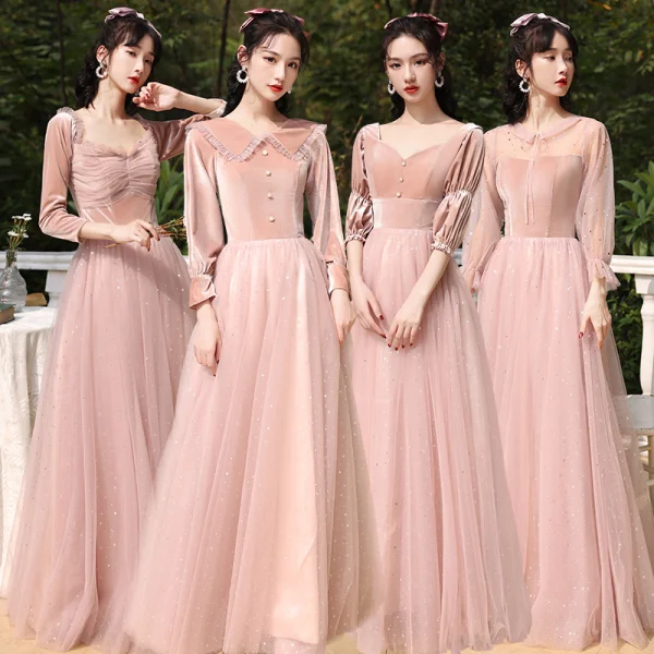 Chic / Beautiful Dusky Pink Suede Bridesmaid Dresses 2022 A-Line / Princess Pearl Sequins Long Sleeve Backless Floor-Length / Long Wedding Party Dresses