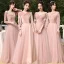 Chic / Beautiful Dusky Pink Suede Bridesmaid Dresses 2022 A-Line / Princess Pearl Sequins Long Sleeve Backless Floor-Length / Long Wedding Party Dresses