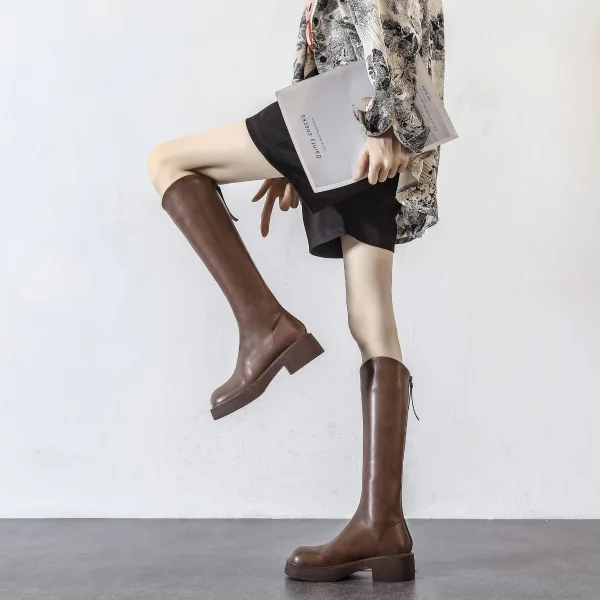 Vintage / Retro Brown Winter Street Wear Womens Boots 2022 Leather Round Toe Waterproof Flat Boots